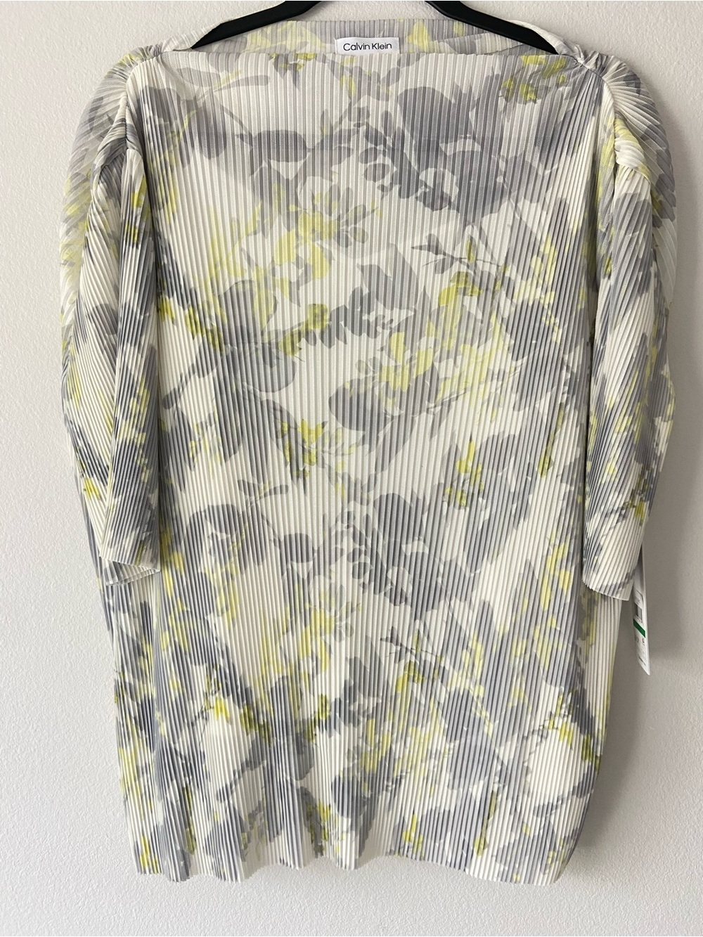 Calvin Klein Pleated Floral Print Blouse Top Gray Yellow Size L